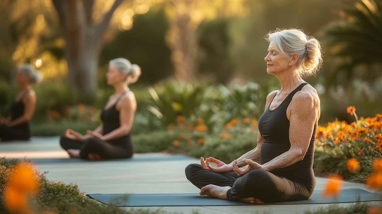 Група старших людей під час заняття йогою на свіжому повітрі