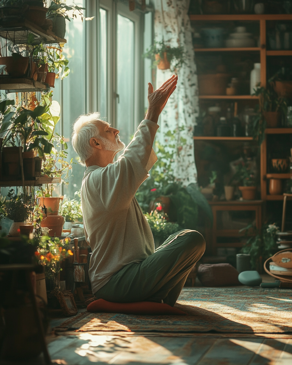 Старша пара виконує йогу вдома